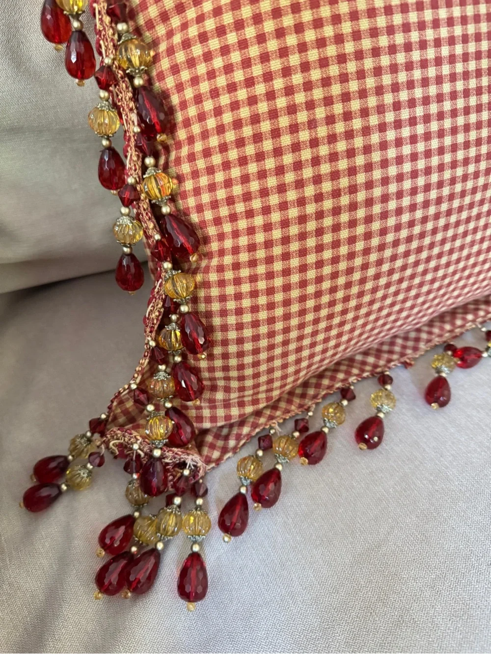French Country Cottage Red Ivory English Toile Check Tassels Beaded Foam Pillow